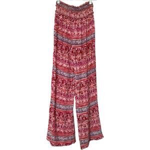 Aqua Wide Leg Pants, Smocked Palazzo Pants Boho Festival Hippie Womens XS Pink